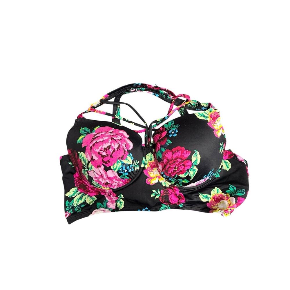Torrid 1 Swim Top Bikini Bra Black Floral Pad Underwire Size 1X D/DD Adjustable